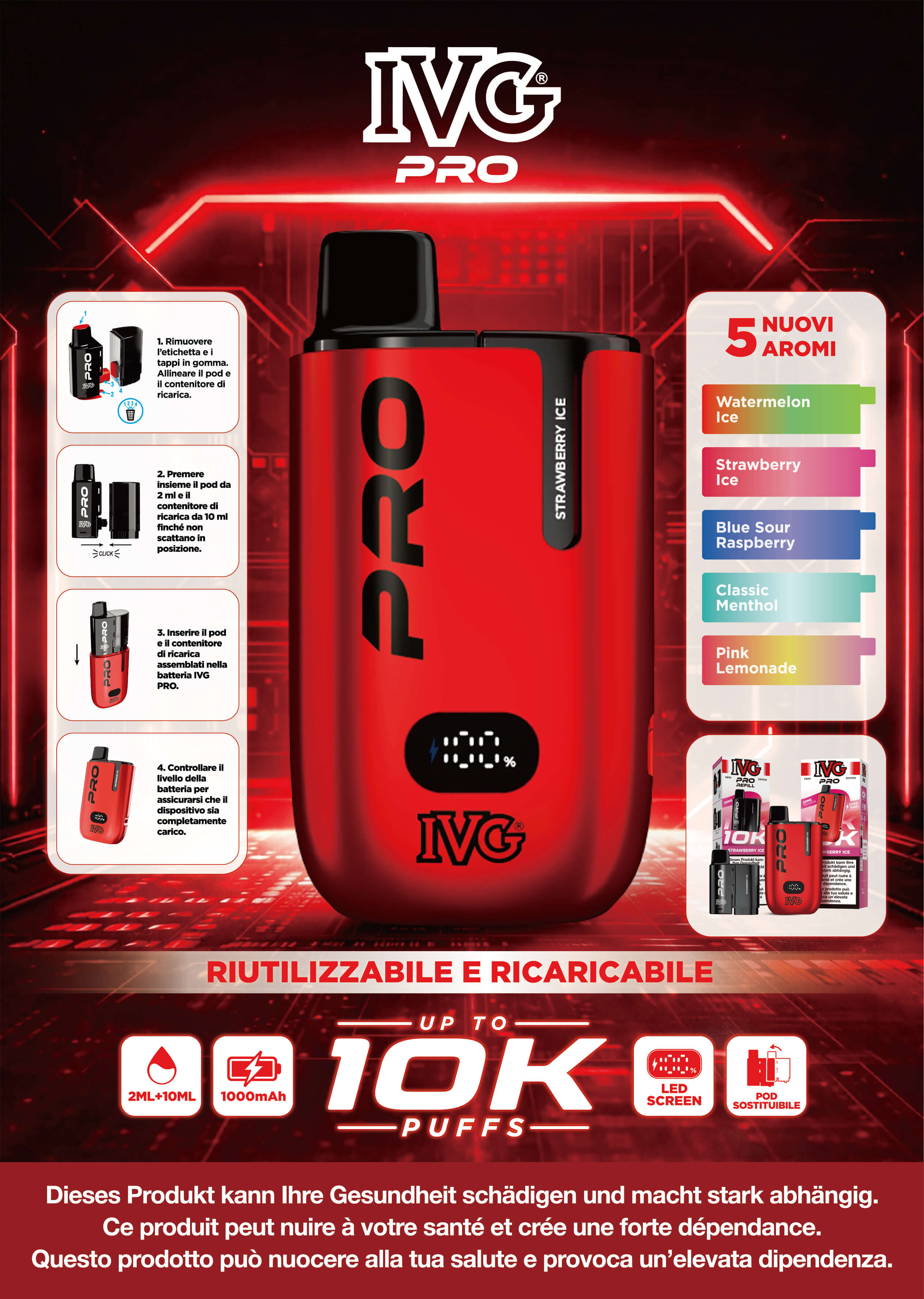IVG PRO Sigaretta Elettronica Panoramica: 10.000 puff, batteria ricaricabile 1000mAh, pod 2ml con ricarica 10ml e 5 gusti