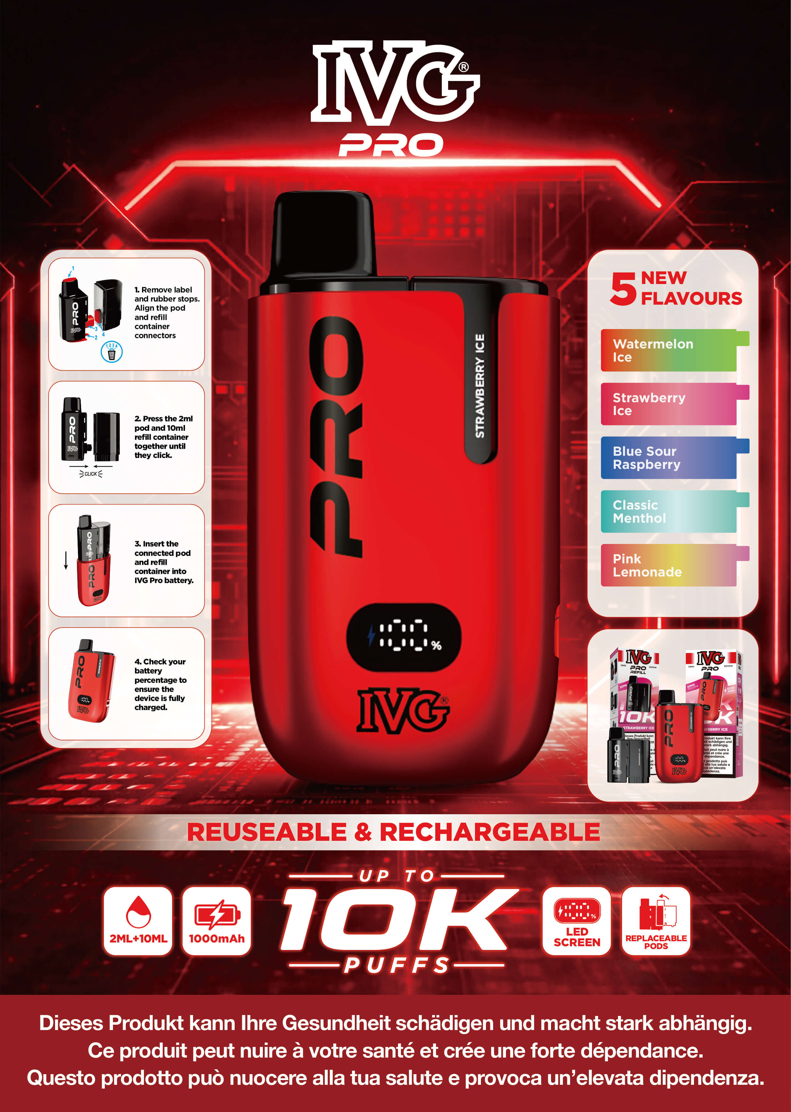 IVG PRO E-Cigarette Overview: 10,000 puffs, rechargeable 1000mAh battery, 2ml pod with 10ml refill and 5 flavors