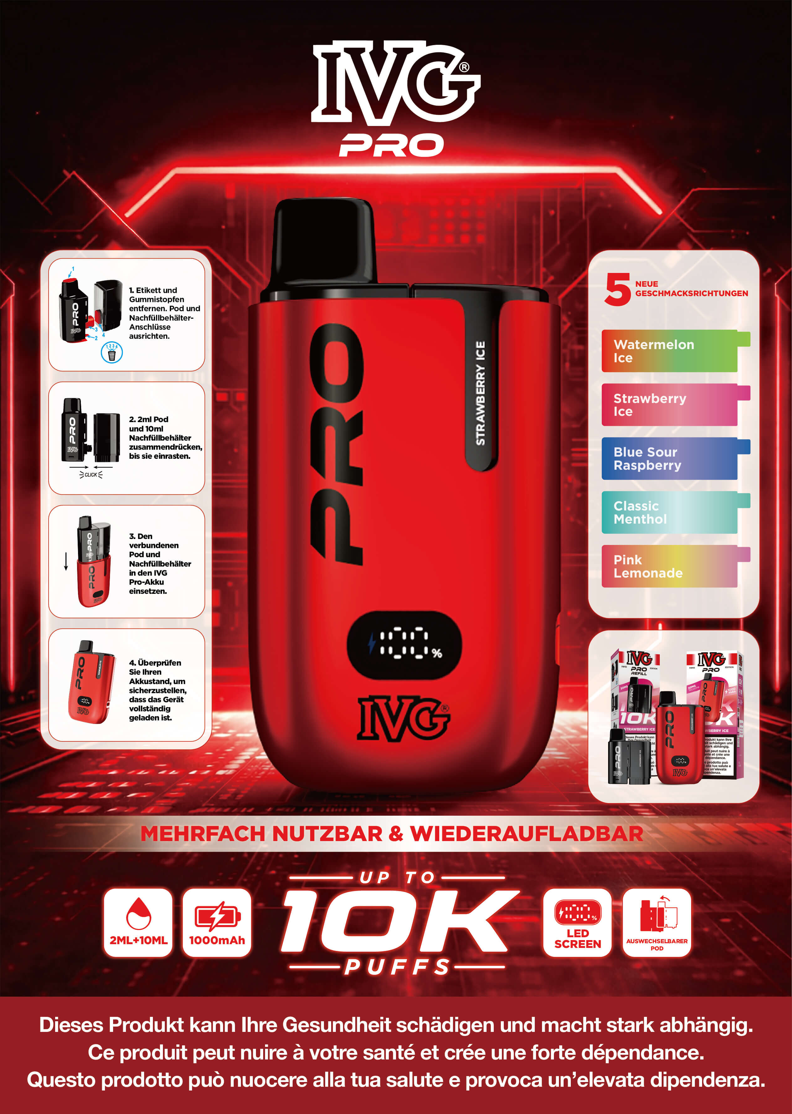 IVG PRO E-Zigarette Übersicht: 10000 Puffs, wiederaufladbarer 1000mAh Akku, 2ml Pod mit 10ml Refill und 5 Geschmacksrichtungen