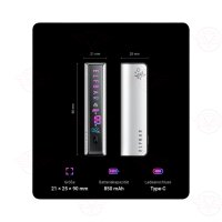 Die Parameter des ELFA Master Geräte werden Präsentiert. Von Links nach Rechts: Grösse: 21 x 25 x 90 mm; Batteriekapazität: 850 mAh; Ladeanschluss: Type-C.