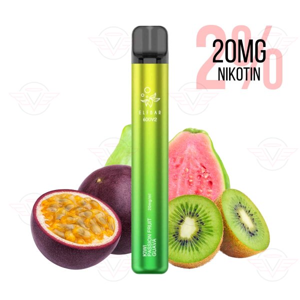 Elfbar - Cigarette électronique jetable 600 V2 Kiwi Passionfruit Guava 20 mg/ml 2 % - MHDÜ
