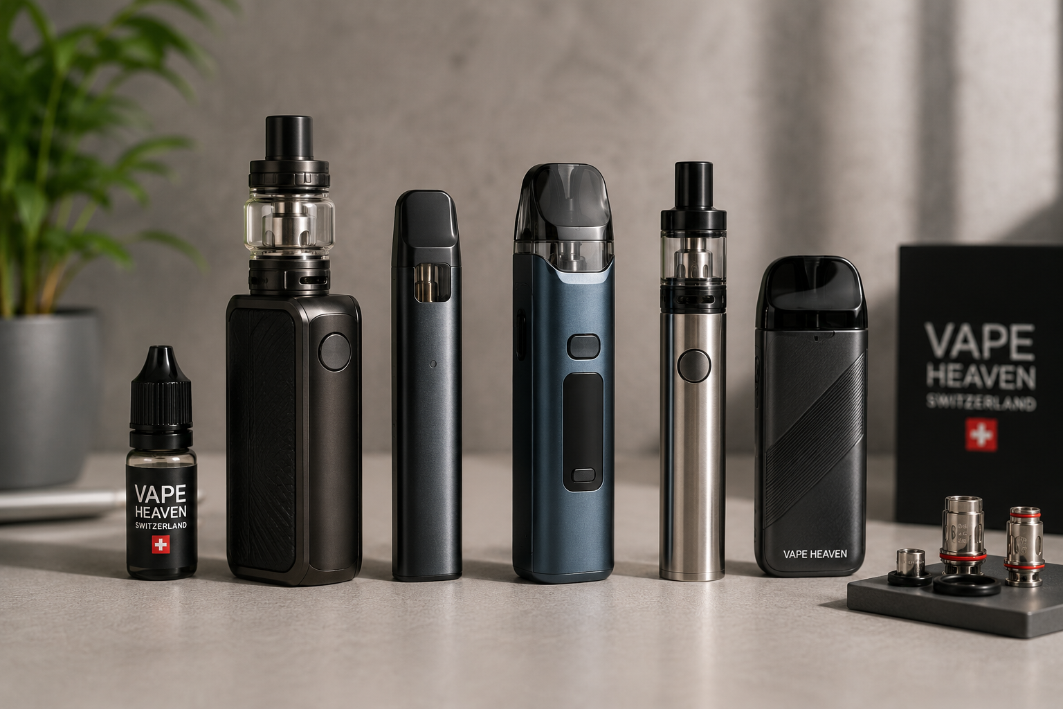 E-cigarette and vape devices on a neutral background at Vape.ch