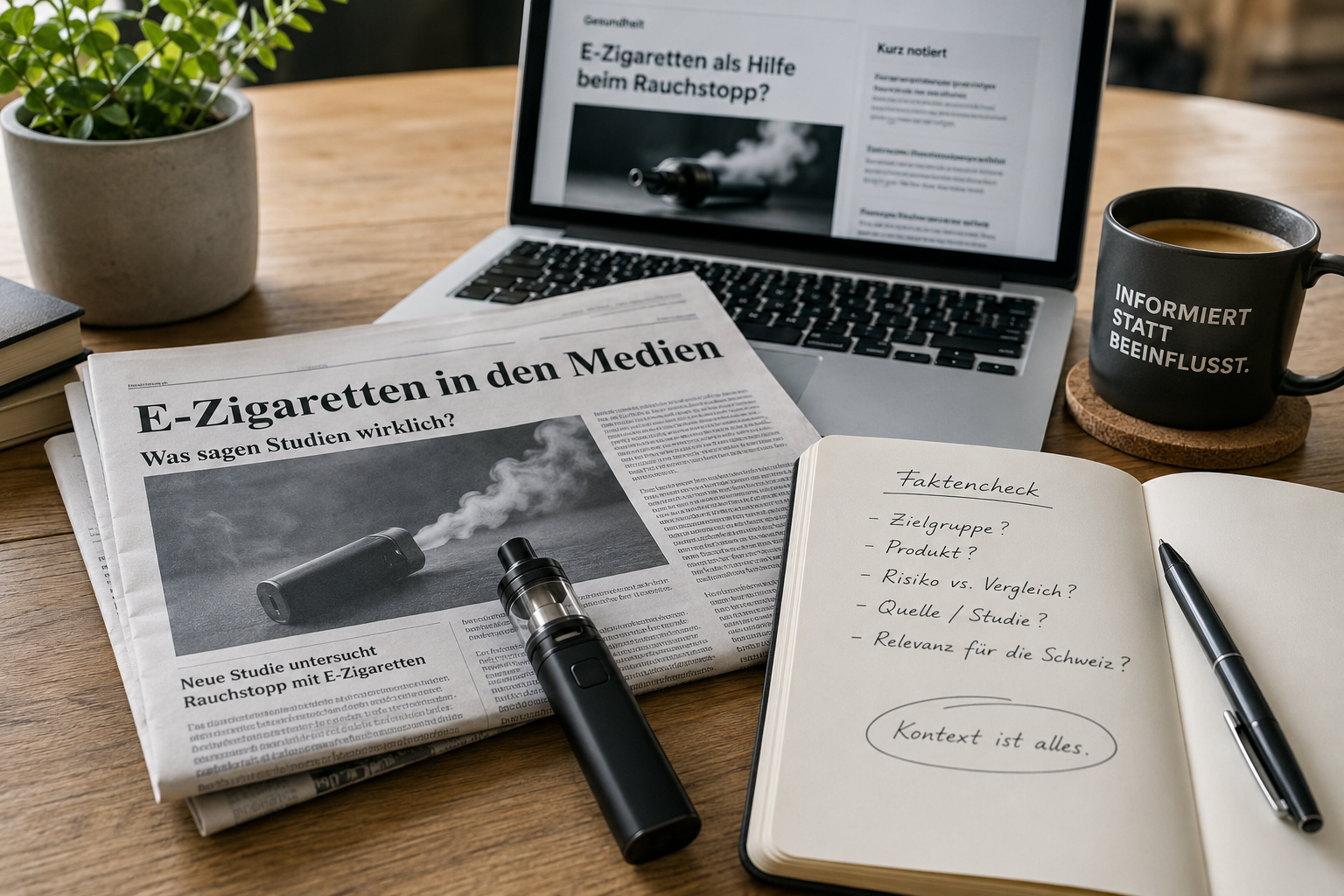 E-cigarette, newspaper, notebook and fact-check topic at Vape.ch