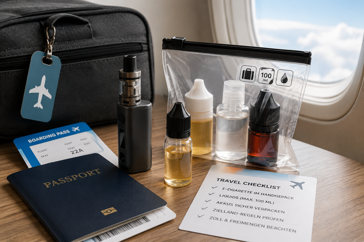 Cigarette électronique liquide et documents de voyage présentés de manière neutre sur une table chez Vape.ch