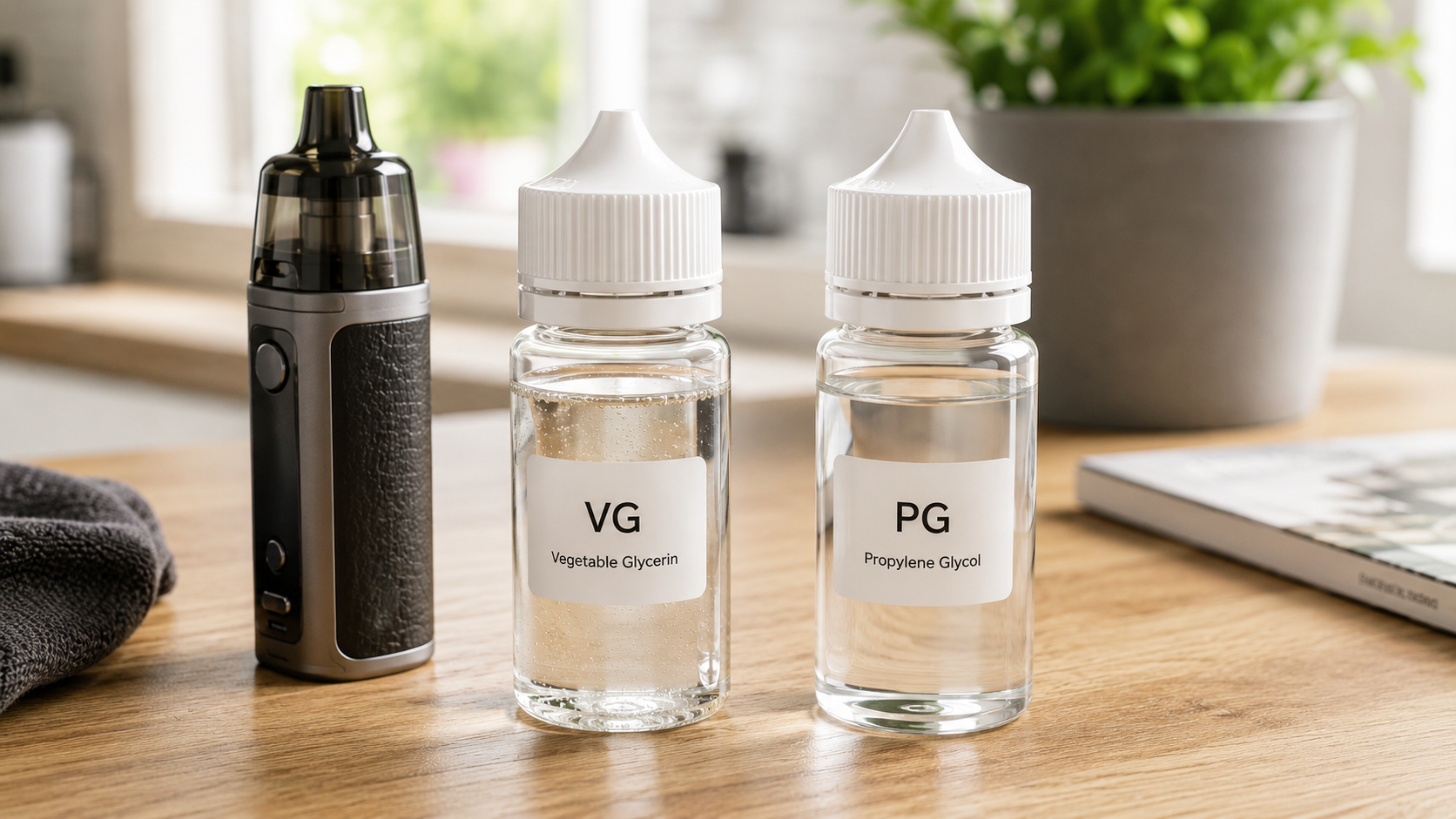 E-liquid base bottles, vape device and liquid on a table at Vape.ch